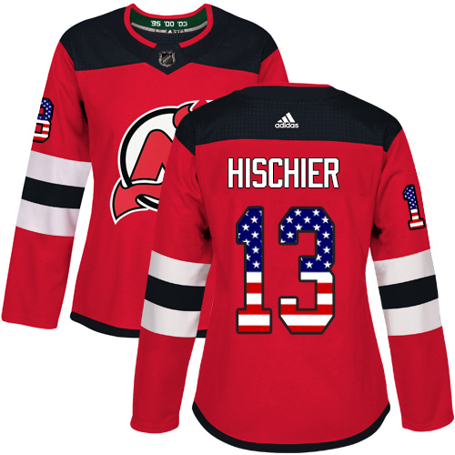 Adidas Devils #13 Nico Hischier Red Home Authentic USA Flag Women's Stitched NHL Jersey - Click Image to Close
